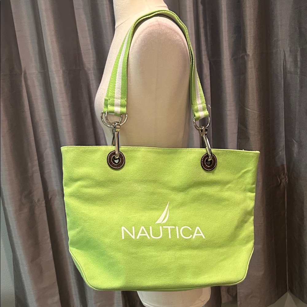 Nautica Logo Lime Green Canvas Tote like new